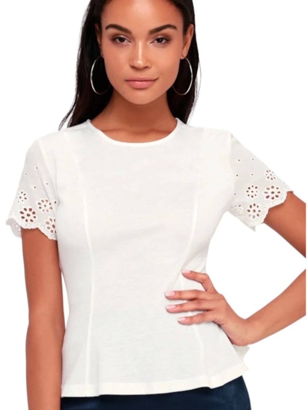 Lulus White Cute Top Eyelet Short Sleeve Blouse S